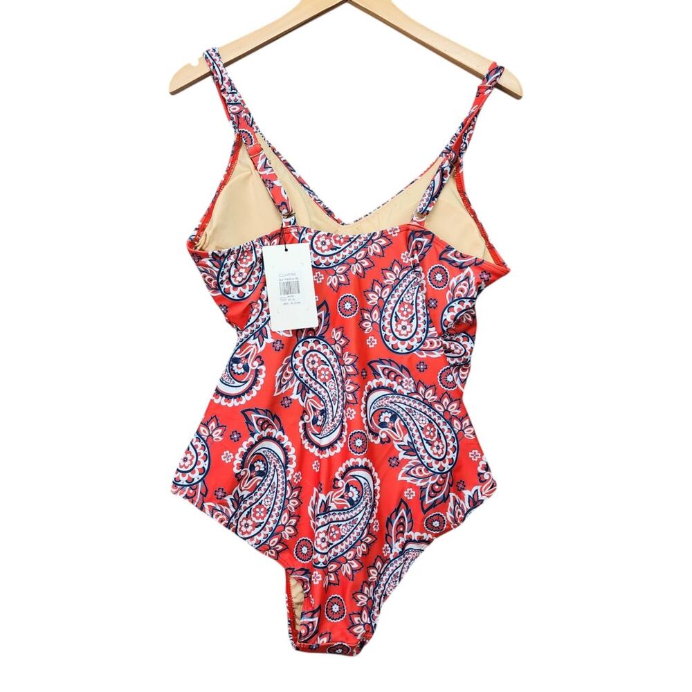 NWT Clwerk One Piece Swimsuit Women’s XL Red Blue Paisley Crossover Bathing Suit - Picture 3 of 12